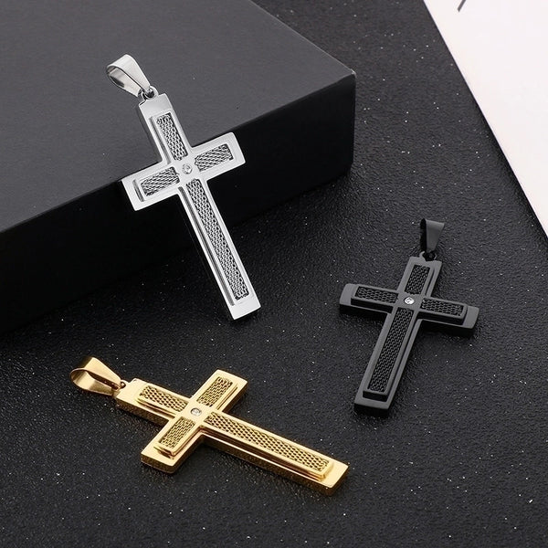 1 Piece 28 * 47mm Stainless Steel Rhinestones Cross Polished Pendant Chain