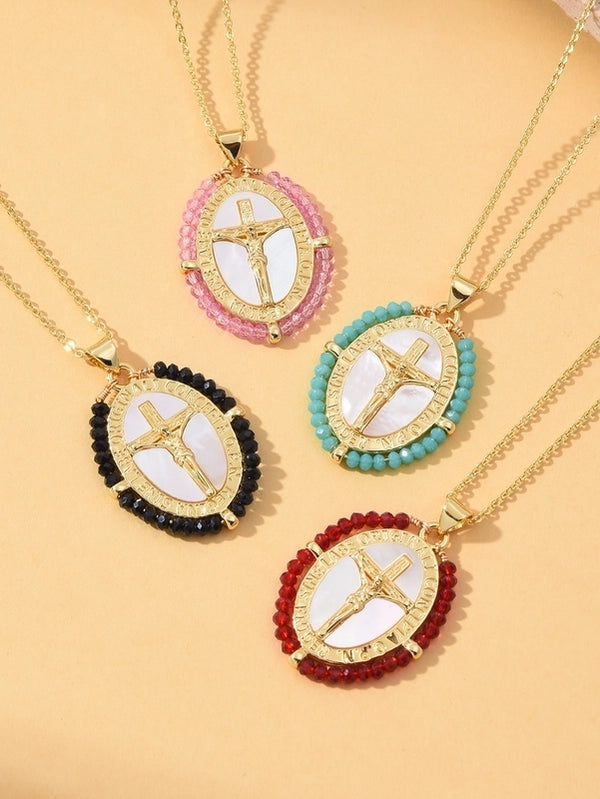 1 Piece 3.2*2.4cm Copper Artificial Crystal Shell Zircon 18K Gold Plated Cross Color Block Pendant