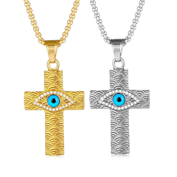 1 Piece 30*56mm Titanium Steel Zircon Cross Devil's Eye Pendant Chain