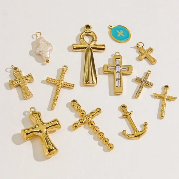 1 Piece 304 Stainless Steel Rhinestones 14K Gold Plated Cross Pendant