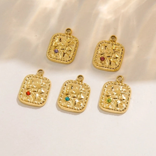 1 Piece 304 Stainless Steel Rhinestones 14K Gold Plated Rectangle Pendant