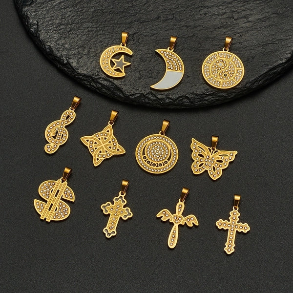 1 Piece 304 Stainless Steel Rhinestones 18K Gold Plated Cross Moon Butterfly Polished Pendant