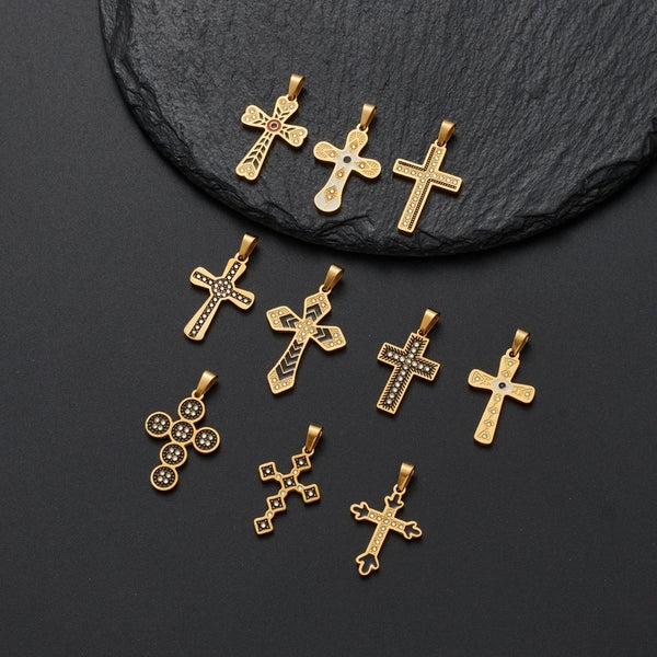 1 Piece 304 Stainless Steel Rhinestones 18K Gold Plated Cross Polished Pendant