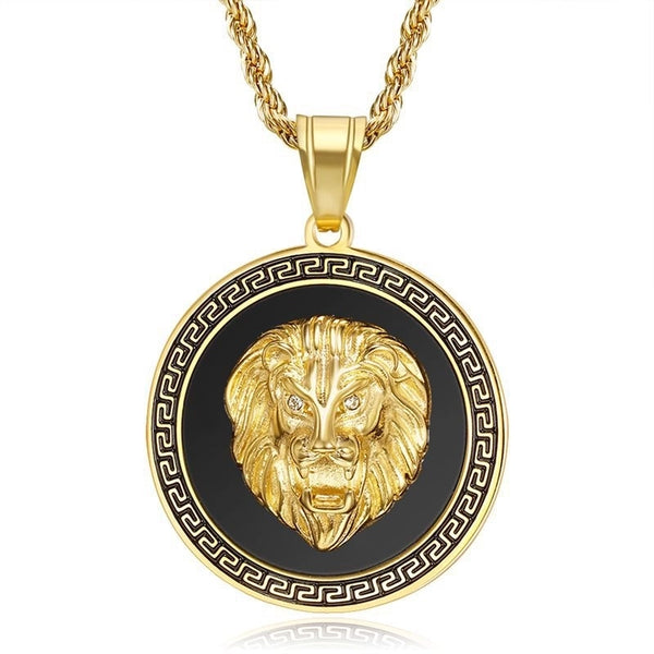 1 Piece 38*52mm Titanium Steel Zircon Gold Plated Round Lion Pendant