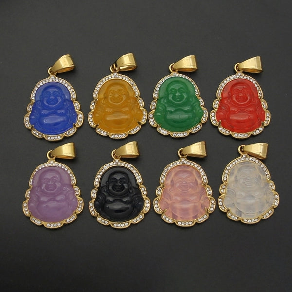 1 Piece 47*28mm Titanium Steel Rhinestones Chalcedony Buddha Maitreya Buddha Pendant