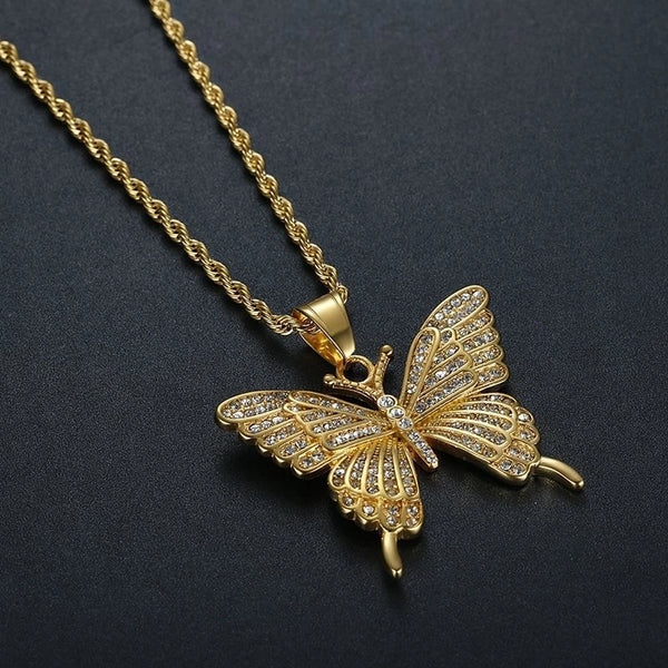 1 Piece 47*44mm 60cm 304 Stainless Steel Rhinestones Gold Plated Butterfly Pendant Chain