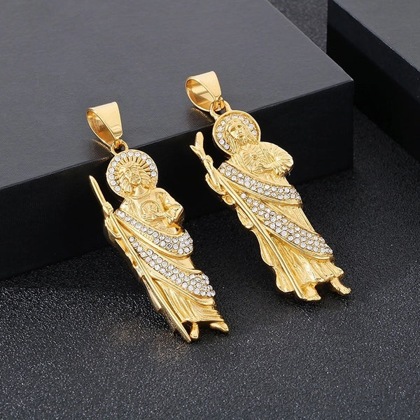 1 Piece 49*18mm 60cm 304 Stainless Steel Rhinestones 18K Gold Plated Human St. Funeral Pendant