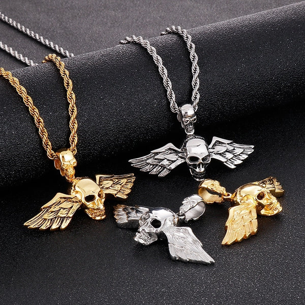 1 Piece 66*25mm 304 Stainless Steel 18K Gold Plated Wings Skull Pendant Chain