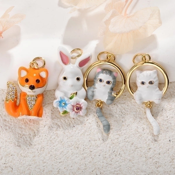 1 Piece Cute Rabbit Fox Cat Copper Enamel Inlay Jewelry Accessories