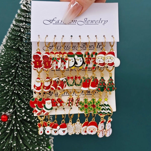 1 Set Cute Santa Claus Snowman Elk Enamel Inlay Alloy Rhinestones Drop Earrings