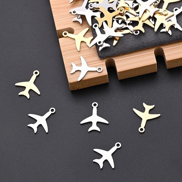 10 PCS/Package 14*16MM Hole 1~1.9mm 304 Stainless Steel Gold Plated Airplane Polished Pendant