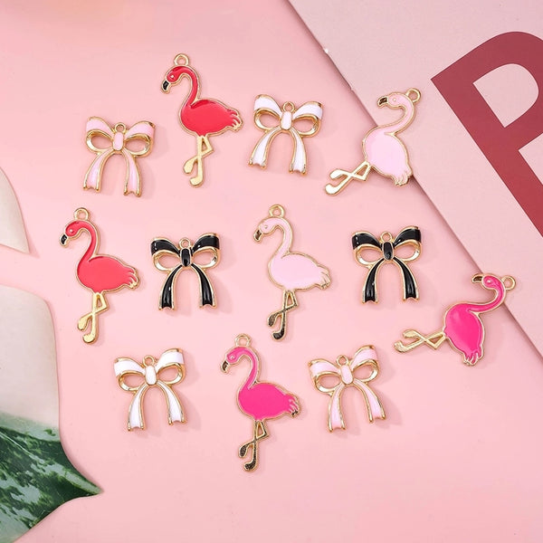 10 PCS/Package 19.8*18mm 35.4*22.9mm Aluminum-Magnesium Alloy KC Gold Flamingo Bow Knot Pendant