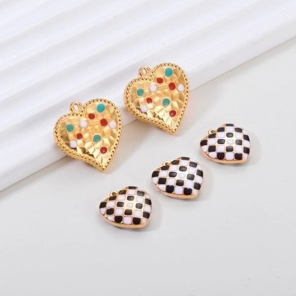 10 Pcs/package Simple Style Lattice Heart Shape Stainless Steel Enamel Pendant Jewelry Accessories