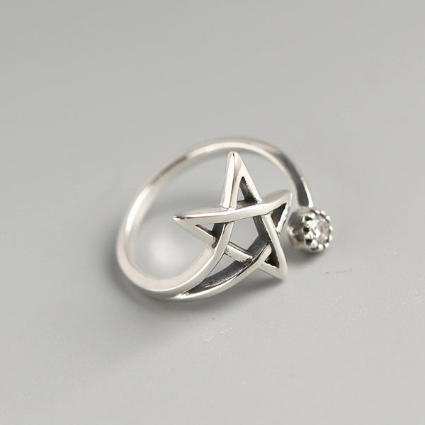 925 Sterling Silver Chic Women Pentagram Star Silver Diamond Inlay Rings