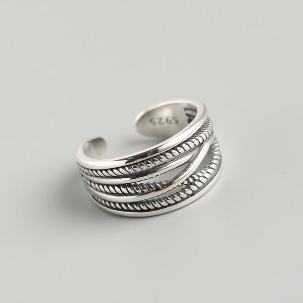 925 Sterling Silver Women Korean Geometric Silver Distressing Rings