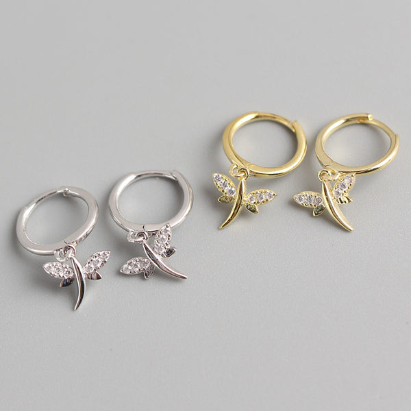 925 Sterling Silver Cute Dragonfly Silver Diamond Inlay Stud Earrings