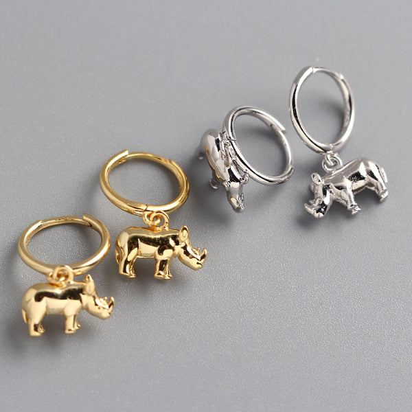 925 Sterling Silver Niche Women Rhino Chinese Zodiac Animal Silver Polishing Earrings