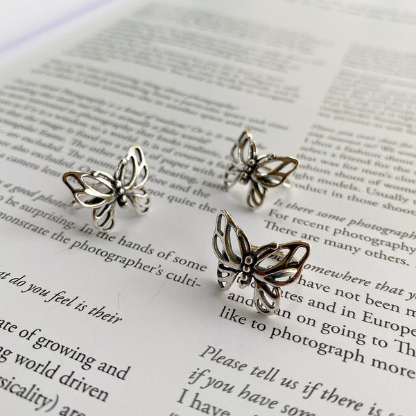 925 Sterling Silver Vintage Retro Butterfly Droplet Silver Pearl Inlay Stud Earrings