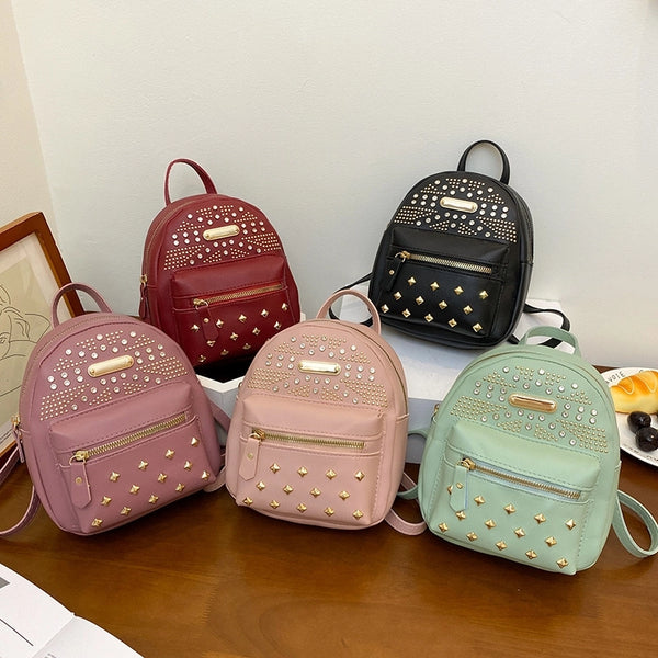 Autumn New Product Bag Solid Color Diamond-studded Zipper Backpack