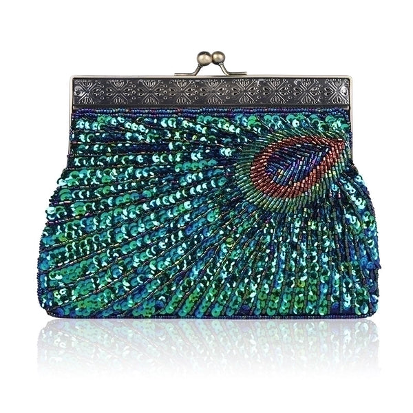 Red Purple Blue Polyester Peacock Feather Beading Sequins Pearl Embroidery Square Evening Bags