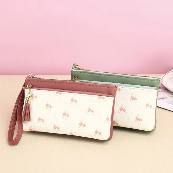 Women's Solid Color PU Splicing Zipper Wallets