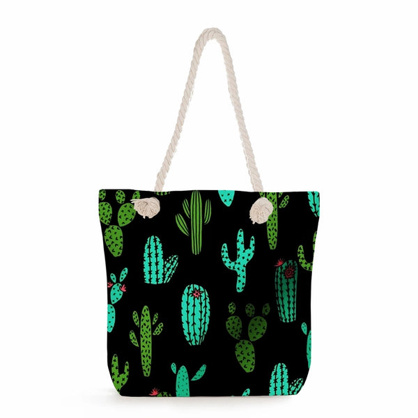 Women's Medium Linen Cactus Vacation Classic Style Square Zipper Tote Bag Beach Bag