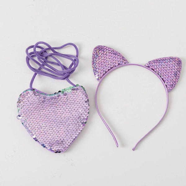 Cat Ears Children's Headband Cartoon Sequin Head Buckle Sweet Princess Change Small Bag Peach Heart Crossbody Bag Set