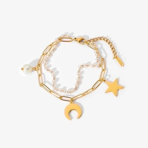 18k Gold Plated Stainless Steel Star Moon Pearl Pendant Double Layer Bracelet