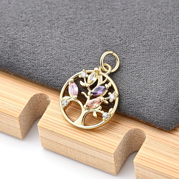 1Pc/Package 16.5x14mm Hole 3~3.9mm Copper Zircon Gold Plated Life Tree Polished Pendant