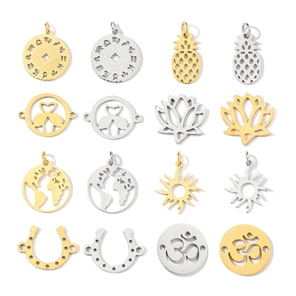 20 PCS/Package 13 * 12mm 16 * 21mm Diameter 12mm 201 Stainless Steel 18K Gold Plated Sun Lotus Pineapple Polished Pendant