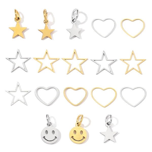 20 PCS/Package 28.5*30mm 6*11mm 7 * 12mm 201 Stainless Steel 18K Gold Plated Star Heart Shape Smile Face Polished Pendant