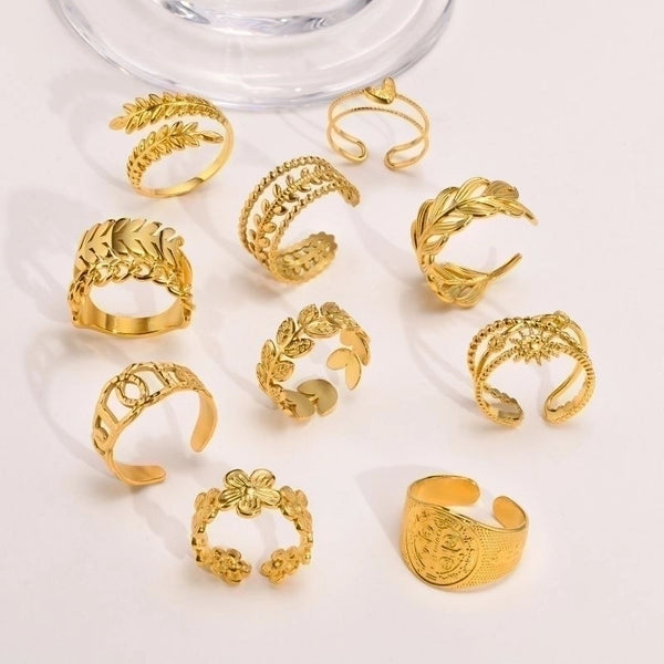 201 Stainless Steel IG Style Vacation French Style Plating Leaf Flower Rings