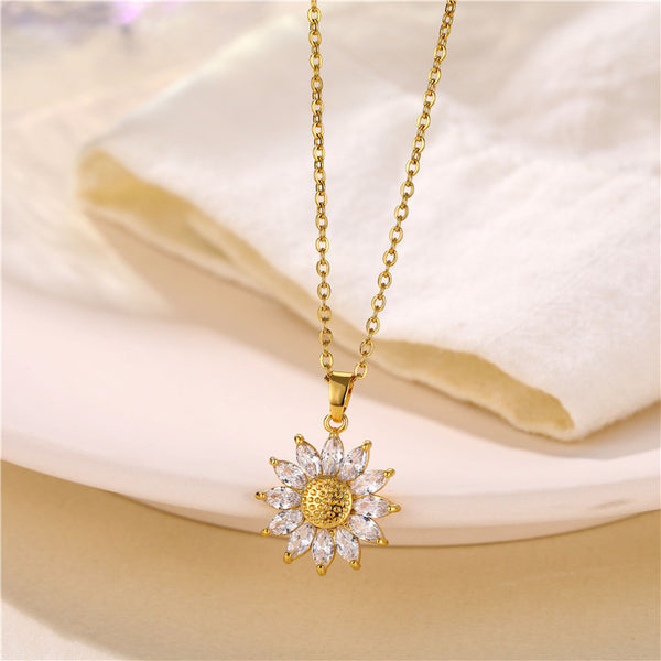 Women Rustic Flower Stainless Steel Diamond Inlay Necklaces