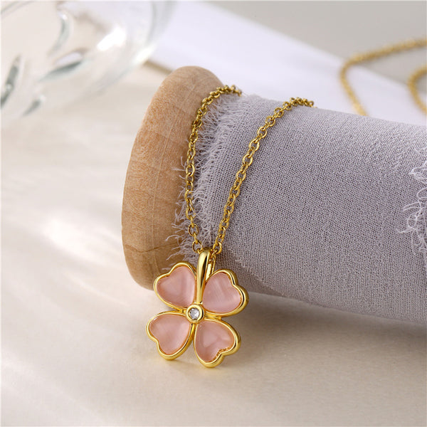 Korean Women Four-leaf Clover Titanium Steel Diamond Inlay Necklaces