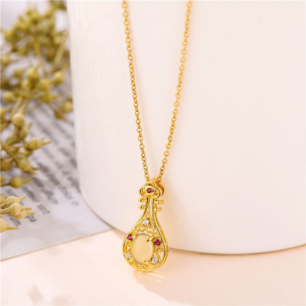 Korean Women Lute Titanium Steel Diamond Inlay Necklaces