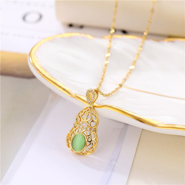 Korean Women Geometric Metal Gourd Titanium Steel Diamond Inlay Necklaces