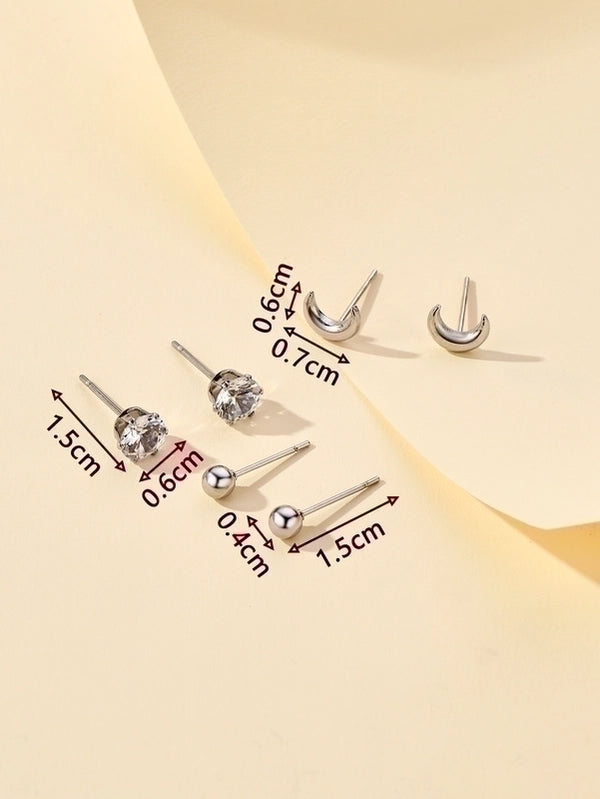 3 Pairs Elegant Minimalist Star Moon Heart Shape Stamping Polishing 304 Stainless Steel Zircon Ear Studs