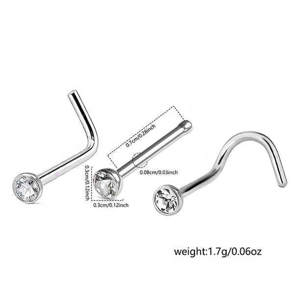 3 Pieces Nose Rings & Studs Minimalist Classic Style Solid Color Stainless Steel Inlay Zircon Nose Rings & Studs