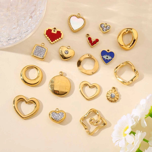 3 PCS/Package 14 * 14mm 201 Stainless Steel 18K Gold Plated Round Heart Shape Polished Pendant