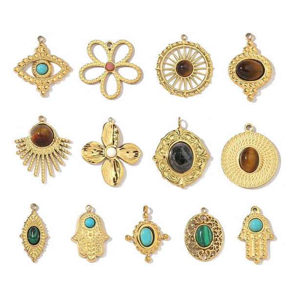 3 PCS/Package 201 Stainless Steel Natural Stone 18K Gold Plated Eye Flower Polished Pendant