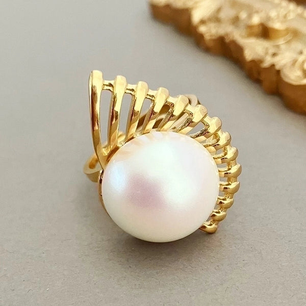 304 Stainless Steel 14K Gold Plated Elegant Retro Luxurious Plating Inlay Sector Pearl Open Rings