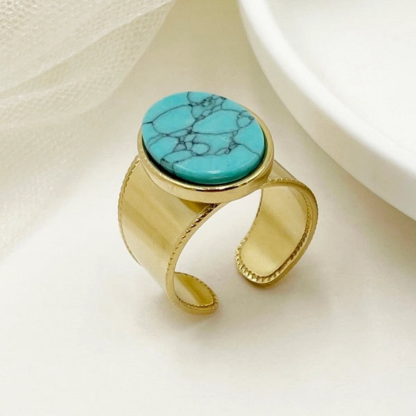 304 Stainless Steel 14K Gold Plated Exaggerated Modern Style Enamel Inlay Flower Turquoise Zircon Open Rings