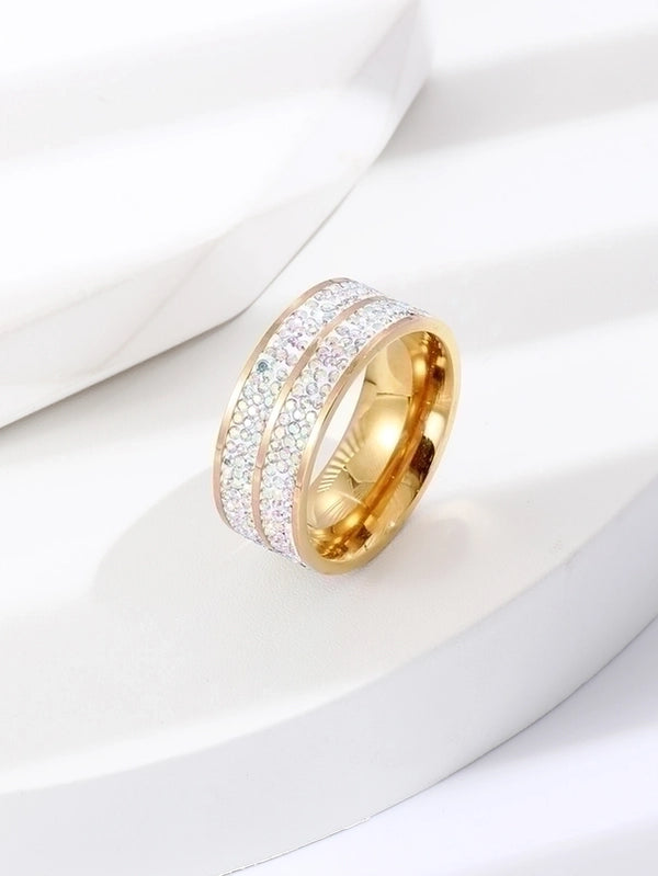 304 Stainless Steel 14K Gold Plated Fashion Inlay Circle Rhinestones Rings