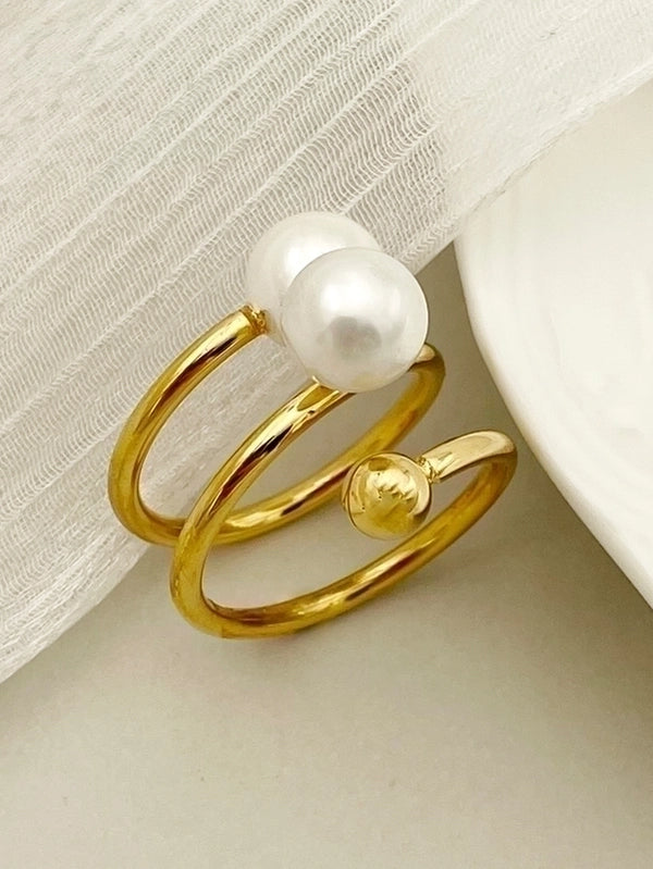 304 Stainless Steel 14K Gold Plated Modern Style Plating Inlay Round Pearl Rings