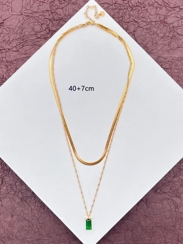 304 Stainless Steel 14K Gold Plated Minimalist Plating Inlay Rectangle Zircon Double Layer Necklaces