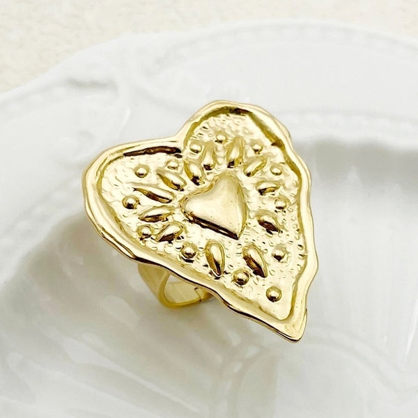 304 Stainless Steel 14K Gold Plated Minimalist Shiny Asymmetrical Plating Hollow Out Heart Shape Open Rings