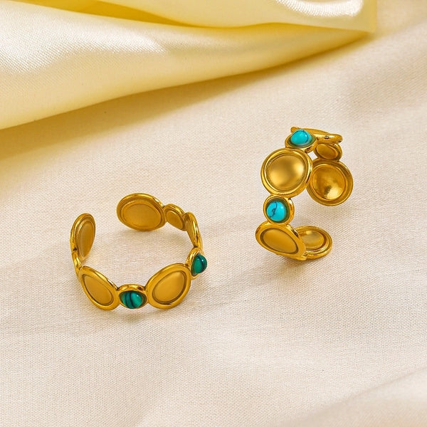 304 Stainless Steel 18K Gold Plated Hip-Hop Plating Inlay Round Natural Stone Turquoise Open Rings