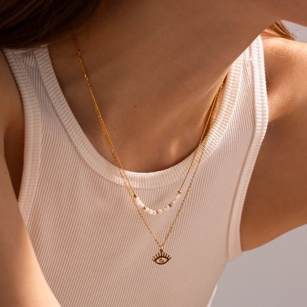 304 Stainless Steel 18K Gold Plated IG Style Minimalist Beaded Hollow Out Inlay Devil's Eye Zircon Double Layer Necklaces