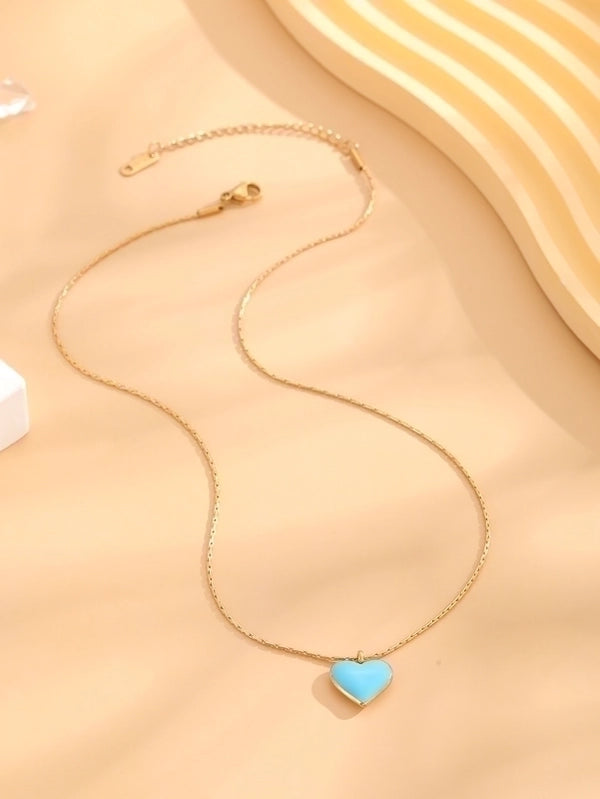 304 Stainless Steel 18K Gold Plated Retro Sweet Classic Style Enamel Plating Heart Shape Resin Pendant Necklace