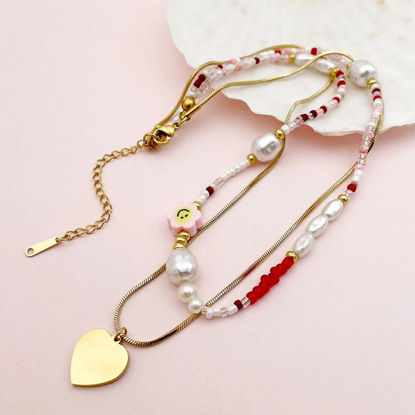 304 Stainless Steel Artificial Crystal Soft Clay Gold Plated Elegant Sweet Beaded Enamel Plating Heart Shape Pearl Beads Double Layer Necklaces